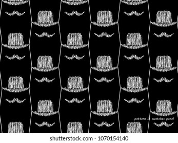 Seamless vector background with gentleman`s bowler and big mustache. Great for barber shop design, gift wrapping paper backdrop. Stylish tiles. Black and white. 