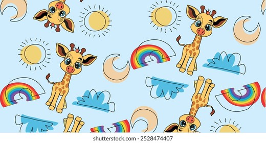 Seamless vector background with giraffe, clouds, sun, month, rainbow. Hand drawn illustration.