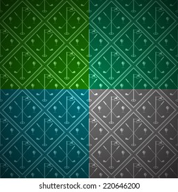 Seamless Vector Background For Golf. Seamless Abstract Vector Pattern With Rhombus With Silhouette Equipment For Golf. Four Colored Parts.