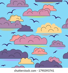 seamless vector background graphic depicting sky with clouds and soaring birds