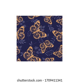 seamless vector background with graphic illustrations of orange butterflies and plants, on a blue background