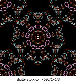 Seamless vector background. Graphic modern pattern. Brown, neutral and pink texture on black background. Abstract pattern in Arabian style.