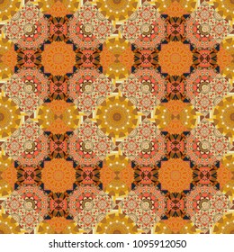 A seamless vector background. Graphic vector pattern. Beige, red and green texture. Floral ornament. Wallpaper in the floral style.