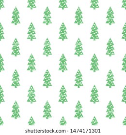 Seamless vector background with green christmas tree and hearts, balls, artistic, textured. Winter holiday.
