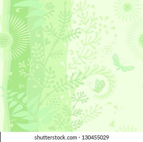 Seamless vector background with green grass, flowers and butterflies