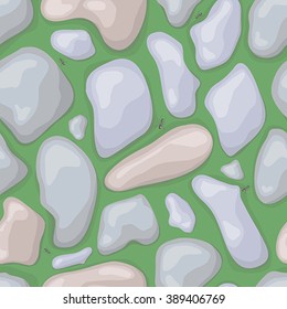 Seamless vector background. Green plane and multi-colored stones. The texture of the stones. Crawling ants.