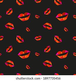 It is seamless vector background with the half-covered mouth which consists of bright colored triangles. It is weird pattern with stylized mosaic lips, which divide into red, pink and orange polygons.