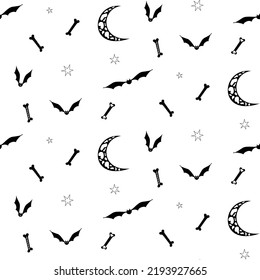 Arrière-plan vectoriel harmonieux pour Halloween. Os, lune, étoiles et chauves-souris sur fond blanc.