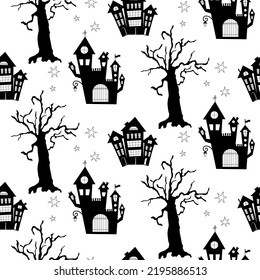 Seamless vector background for Halloween. Castle, tree, stars  on a white background.