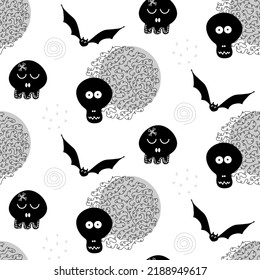 Fondo vectorial impecable para Halloween. cráneos y murciélagos sobre un fondo blanco. Patrón de diseño
