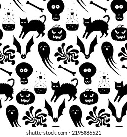 Seamless vector background for Halloween. skulls, ghosts, pumpkins, cats and bats on a white background.