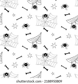 Seamless vector background for halloween. spider, cobweb and bones on a white background. Patter for design