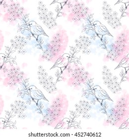 Seamless vector background with hand drawing birds and flowers. Spotted watercolor backdrop. Inscription Blue bird. 