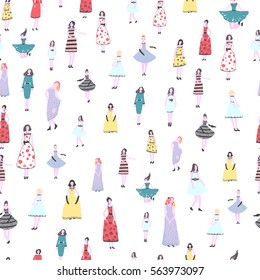 Seamless vector background with hand drawing girls in dresses 