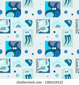 Seamless vector background with hand drawn decorative childlike fish, jellyfish, octopus, starfish. Graphic illustration. Print for wrapping, wallpaper, background, surface, packaging