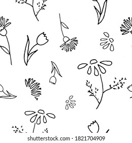 Seamless vector background with hand drawn flowers, leaves. Graphic monochrome black and white design.