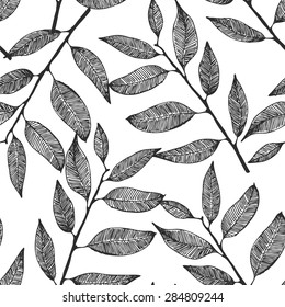 Seamless vector background with hand drawn leaves, eucalyptus pattern