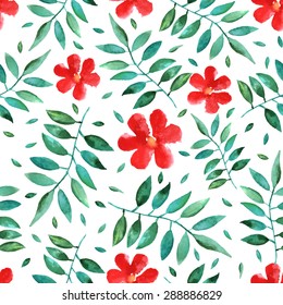 Seamless vector background with hand-drawn watercolor leafs and flowers. foliage isolated on white