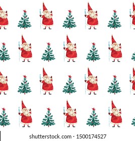 Seamless vector background happy New year card with polygonal triangular Santa Claus with staff and Christmas tree isolated on white background. Festive design for holiday cards, calendar poster.