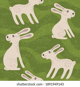 Seamless vector background. Hare in the forest hide. Loop pattern for fabric, textile, wallpaper, posters, gift wrapping paper, napkins, tablecloths. Print for kids, children