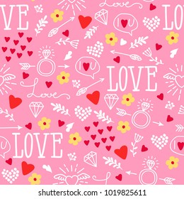 Seamless vector background with hearts, arrows, ringlets, flowers, love.  illustration for fabric, scrapbooking paper and other