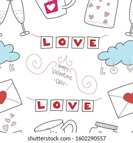 Seamless vector background with hearts, arrows, musical instruments, love bottles, illustrations for fabric and paper, notebooks and more.