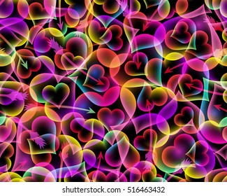 Seamless vector background with hearts and arrows. Bright neon pattern design for for card, poster, paper, print, fashion, website wallpaper, background.