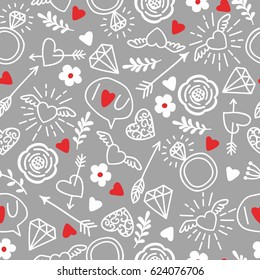 Seamless vector background with hearts, arrows, ringlets, flowers, love.  illustration for fabric, scrapbooking paper and other