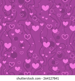 Seamless vector background with hearts and bubbles in lilac tones 