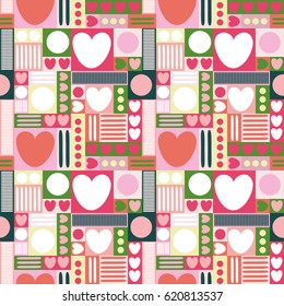 Seamless vector background with hearts, circles and geometric shapes. Retro 50s, 60s. Vintage background for printing on paper, packaging, gift wrapping, upholstery, lining, fabric, textile, bedding.
