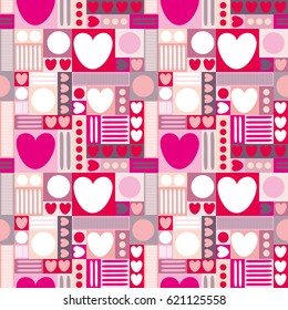 Seamless vector background with hearts, circles and geometric shapes. Retro 50s, 60s. Vintage background for printing on paper, packaging, gift wrapping, upholstery, lining, fabric, textile, bedding.