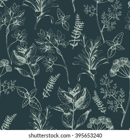 Seamless vector background with herbs and spices on grey. Hand drawn spices in vintage style. For prints, fabric and wrapping and other design in natural style.