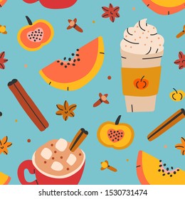 Seamless vector background with hot chocolate drink with marshmallows and pumpkin spice latte, seasonal autumn menu. Good for graphic print, cafe menu or wrapping paper. 