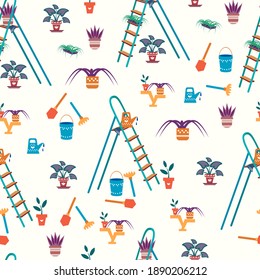 Seamless vector background with houseplants. Interior illustration with decorative elements and a set for a home mini garden.