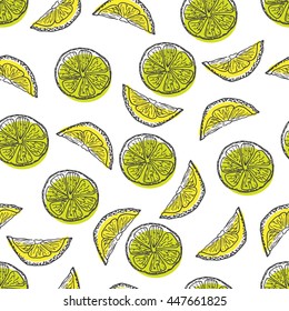 Seamless vector background with the image of the lemon slices. Lemon, handmade graphics for your Wallpapers, pattern
