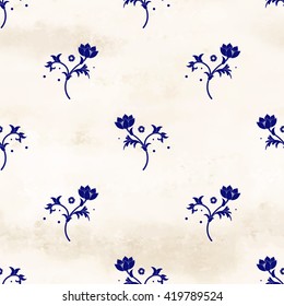 Seamless vector background with imitation of chinese porcelain painting. Beautiful floral elements on watercolor backdrop.