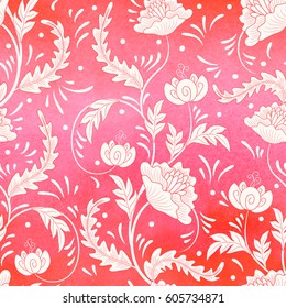 Seamless vector background. Imitation of chinese porcelain painting. Flowers and red watercolor background. Hand drawing.