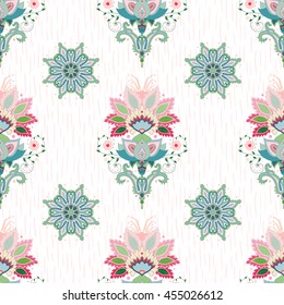 Seamless vector background. Indian flowers and round floral pattern. Hand drawing strokes backdrop. 