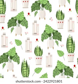 Seamless vector background with interior elements, books, home flowers. Ideal for printing on fabric, wallpaper, wrapping paper, packaging, greeting cards.