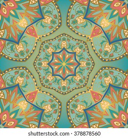 Seamless vector background with intricate ornaments. Oriental pattern of mandalas. The template for shawl, textile, carpet, wallpaper. Tender south ornament with pineapple.