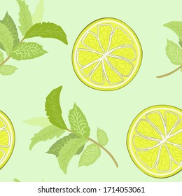 Seamless vector background. Juicy lemons and mint on a yellow background. Pattern.