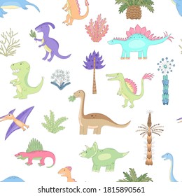 It's the seamless vector background for kids with cute cartoon dinosaurs. Prehistoric dinos are walking between ancient imaginary plants. Funny bright hand-drawn dinosaurs are drawn in sketch style.