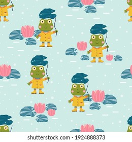 Seamless vector background for kids with cute cartoon frog in yellow rain-coat and rubber boots who smiles, holds leaf of  water lily like an umbrella and stays near flowers and leaves of lotus.