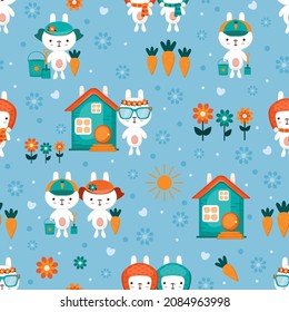 Seamless vector background for kids with cute cartoon little rabbits in kawaii style and a house of a bunny with flowers and carrots. Happy smiling baby bunnies are wearing hats and baseball caps.