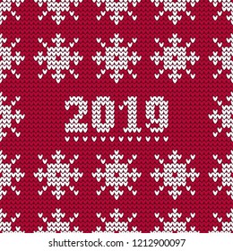 Seamless vector background with Knitted decorative snowflakes. Knitted pattern. Merry Christmas and Happy New Year! Happy Winter! Can be used for wallpaper, textile, invitation card, wrapping, web pag