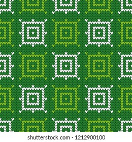Seamless vector background with Knitted decorative snowflakes. Knitted pattern. Merry Christmas and Happy New Year! Happy Winter! Can be used for wallpaper, textile, invitation card, wrapping, web pag