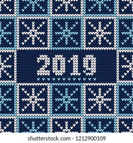 Seamless vector background with Knitted decorative snowflakes. Knitted pattern. Merry Christmas and Happy New Year! Happy Winter! Can be used for wallpaper, textile, invitation card, wrapping, web pag