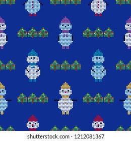 Seamless vector background with knitted Snowmen. Winter pattern. Can be used for wallpaper, textile, invitation card, wrapping, web page background.