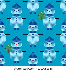 Seamless vector background with knitted Snowmen. Winter pattern. Can be used for wallpaper, textile, invitation card, wrapping, web page background.