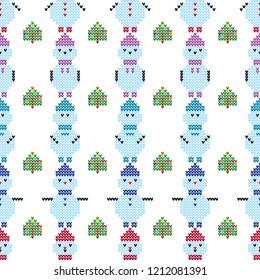 Seamless vector background with knitted Snowmen. Winter pattern. Can be used for wallpaper, textile, invitation card, wrapping, web page background.